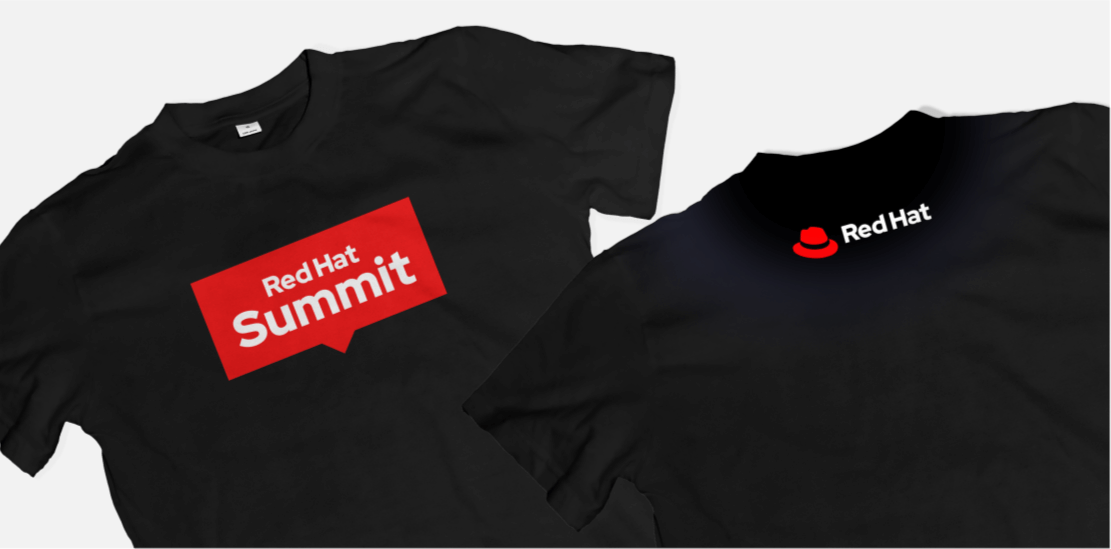 A black t-shirt with the Red Hat Summit logo on the chest and the Red Hat logo on the back