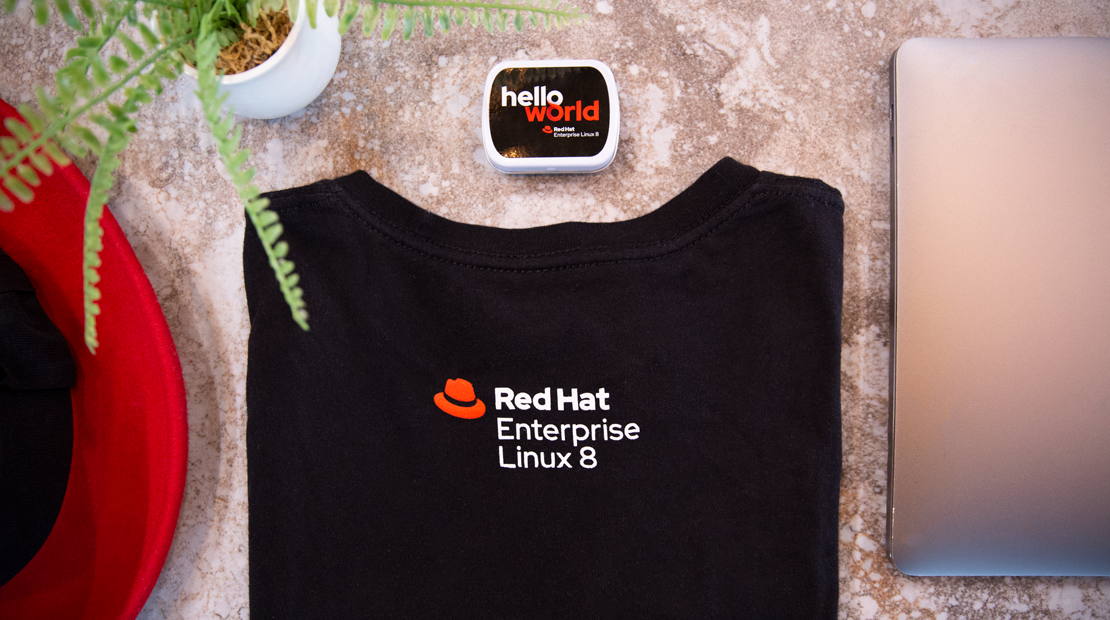 Red Hat Enterprise Linux 8 product logo on the back of a t-shirt
