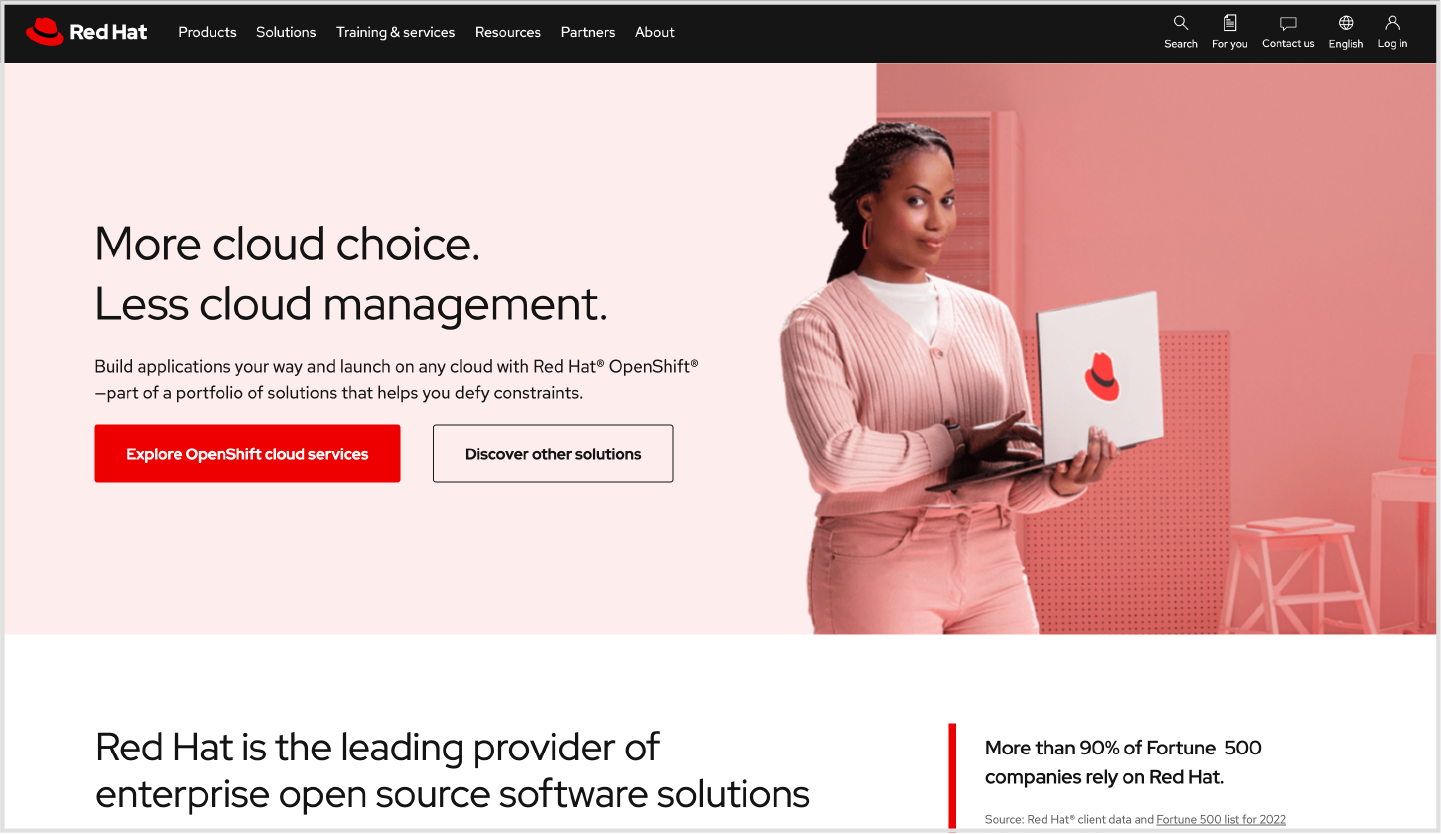 The Red Hat website homepage with a lot of open space.