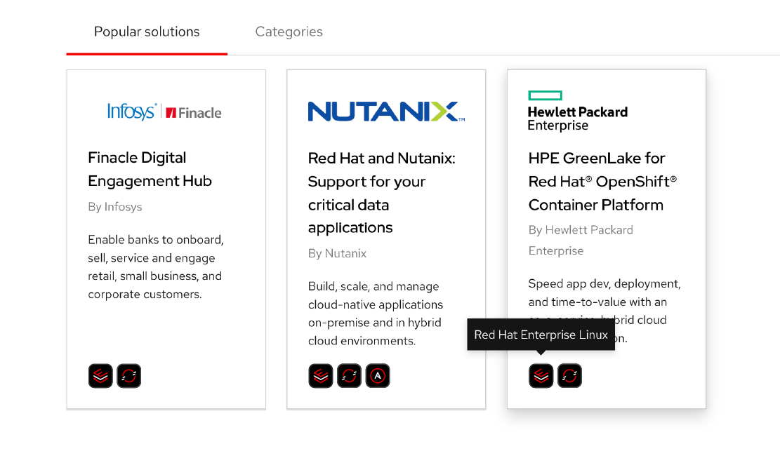 Listings on the Red Hat Ecosystem Catalog use technology icons to indicate which Red Hat products the listing is certified on.