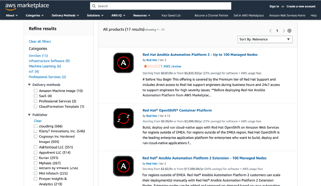 Red Hat technology icons on listings in the AWS Marketplace.