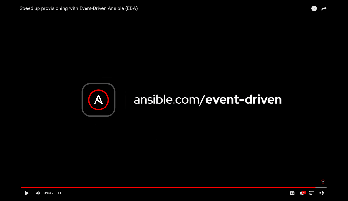 The outro of a Red Hat YouTube video with the Red Hat Ansible Automation Platform icon and web page URL.