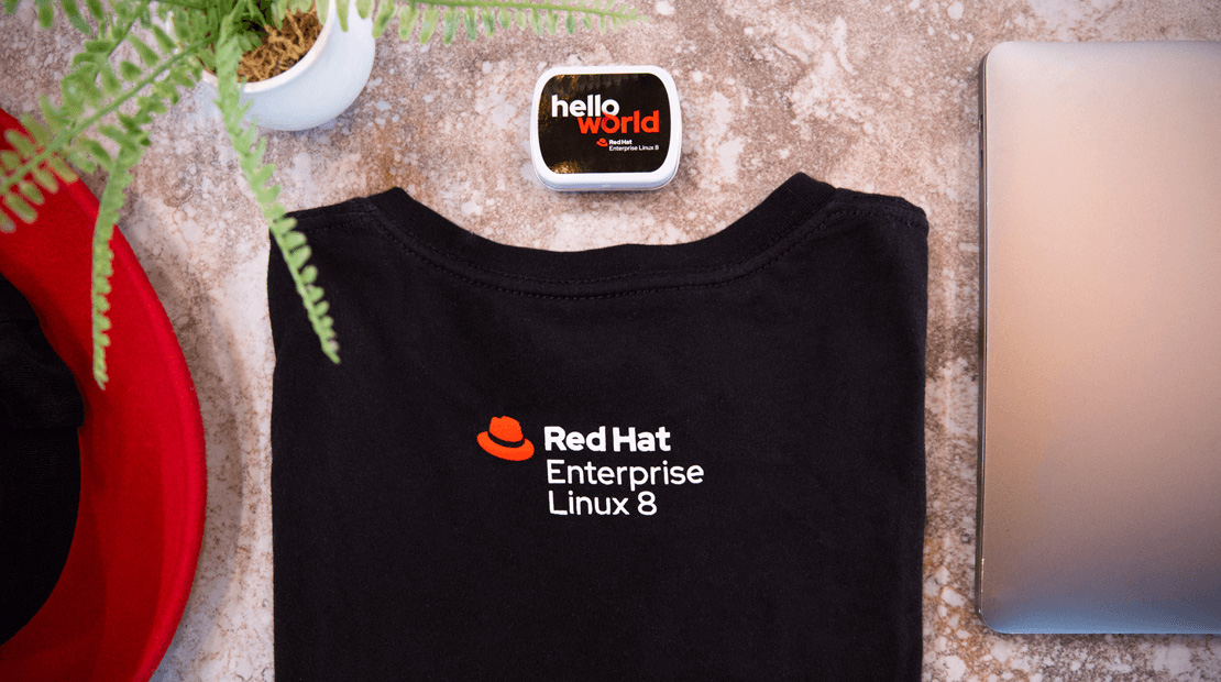 The Red Hat Enterprise Linux product logo on a t-shirt
