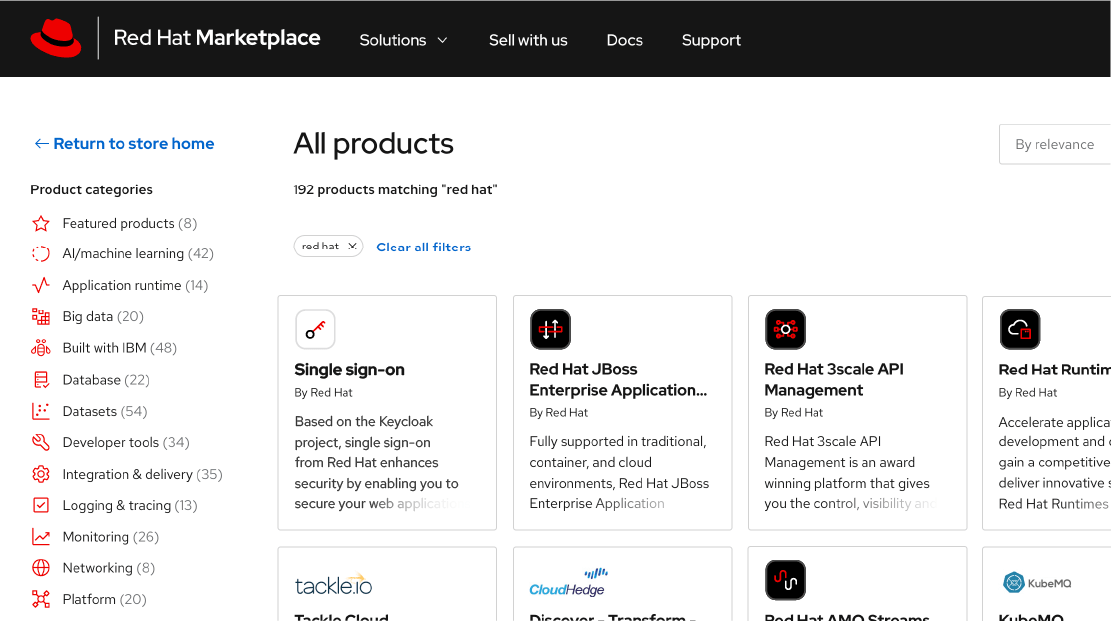 Technology icons on the Red Hat Marketplace interface
