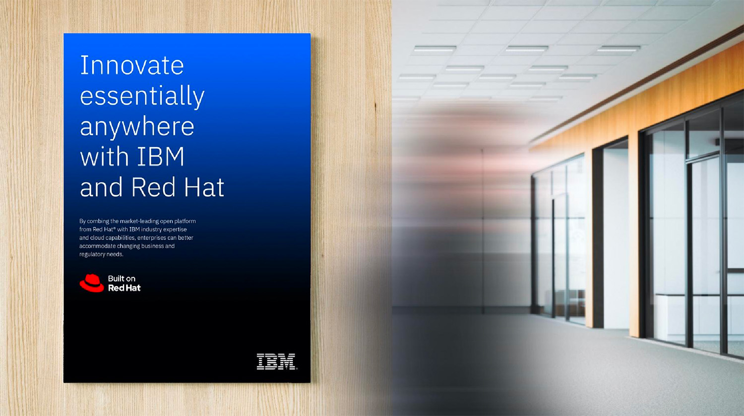 Poster at an IBM booth with IBM branding and a “Built on Red Hat” endorsement logo.