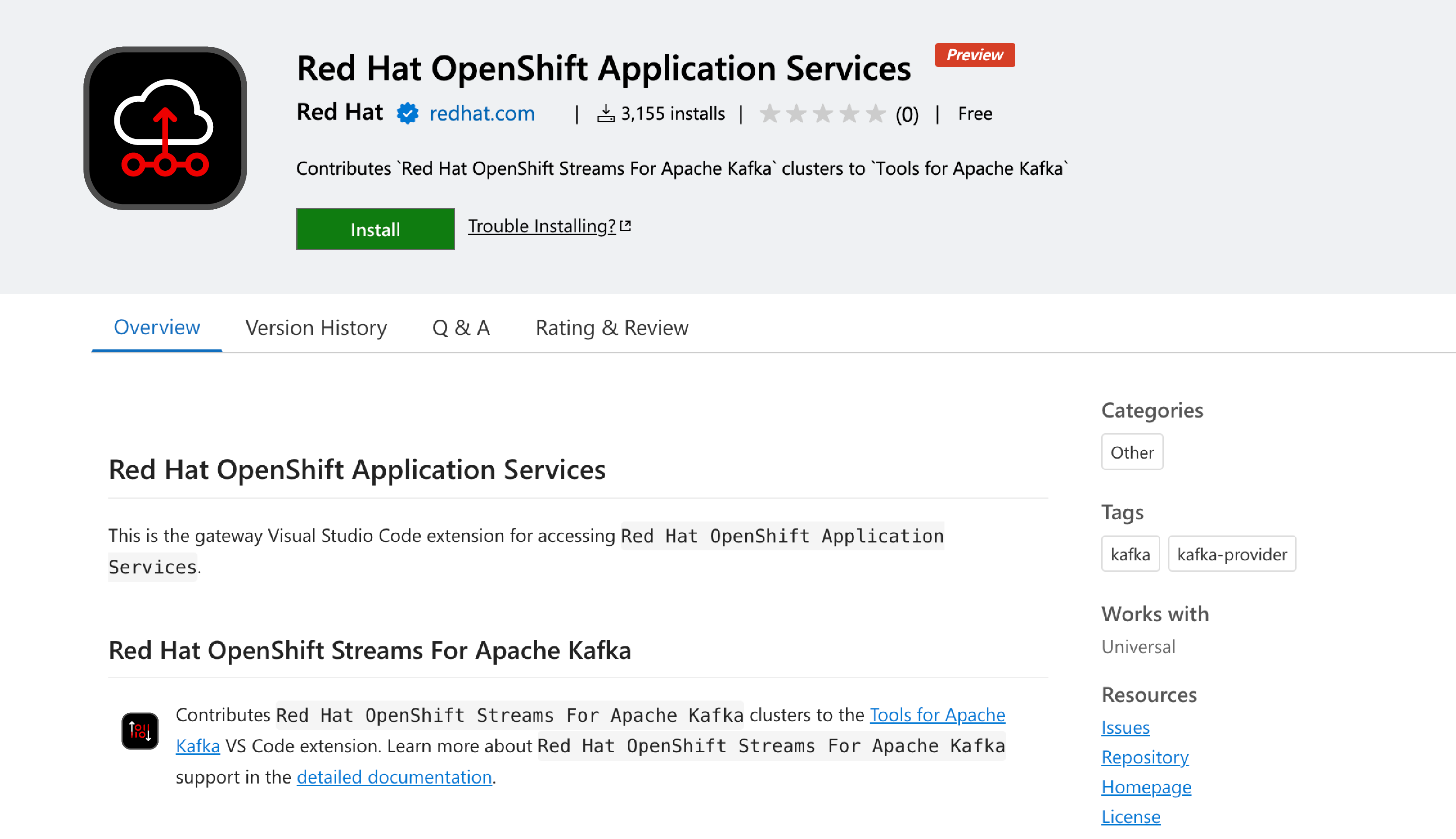 Microsoft Visual Studio marketplace page for Red Hat OpenShift Application Services.