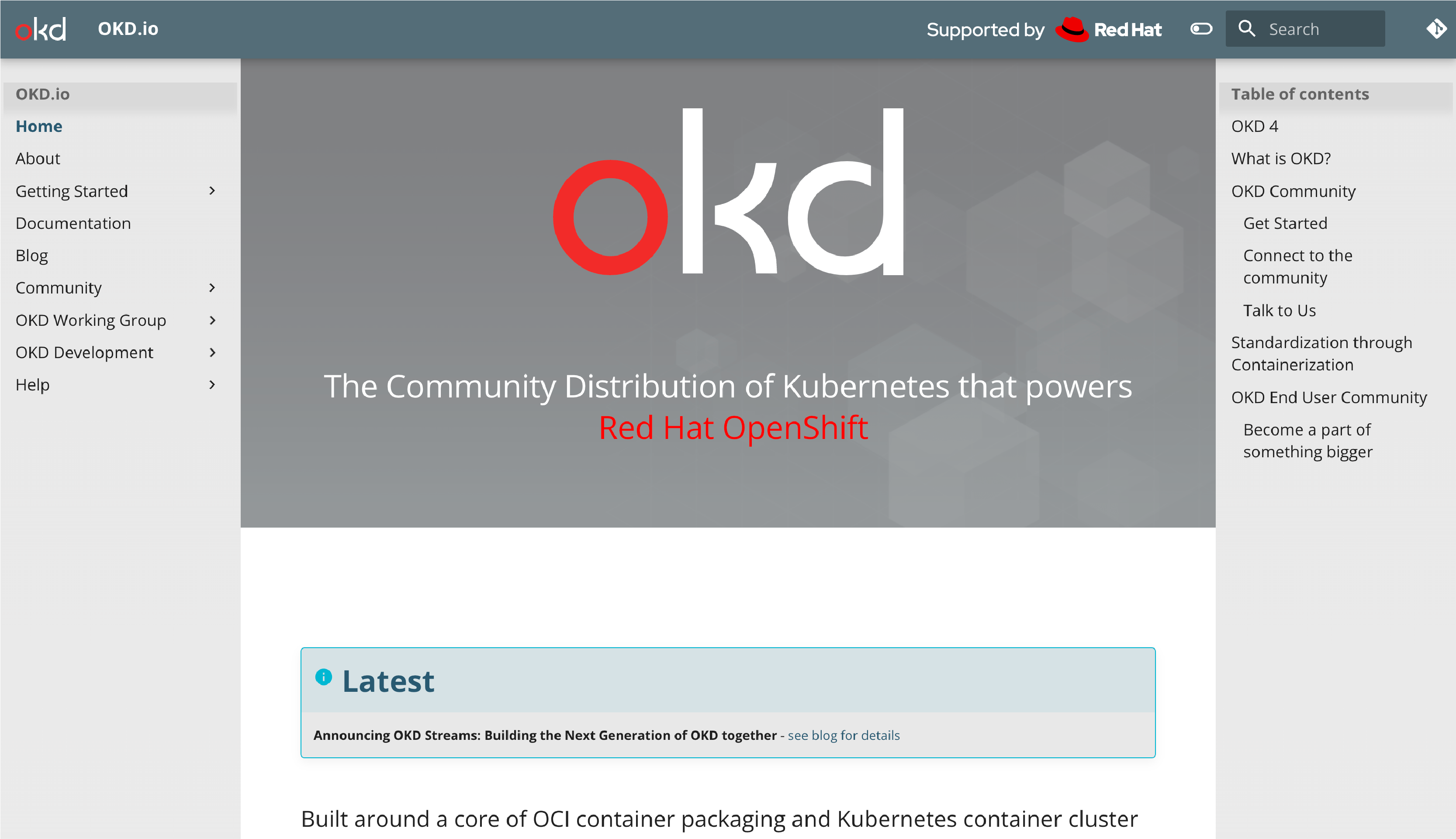 The OKD.io open source community website with a “Supported by Red Hat” endorsement logo at the top.