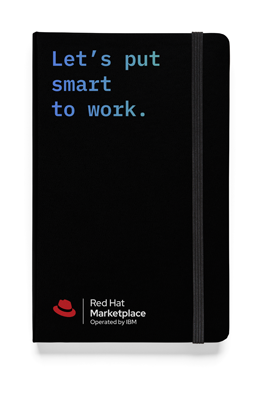 Image showing misuse: A notebook with blue text in IBM Plex font and the Red Hat Marketplace logo printed on the front.