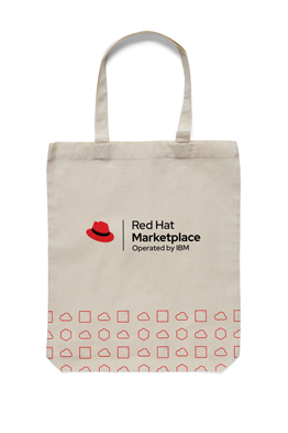 A tote bag with the Red Hat Marketplace, Operated by IBM logo and a pattern of Red Hat icons.