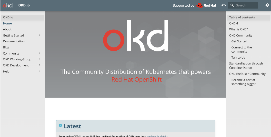 An open source community website with the “Supported by Red Hat” endorsement logo at the top.